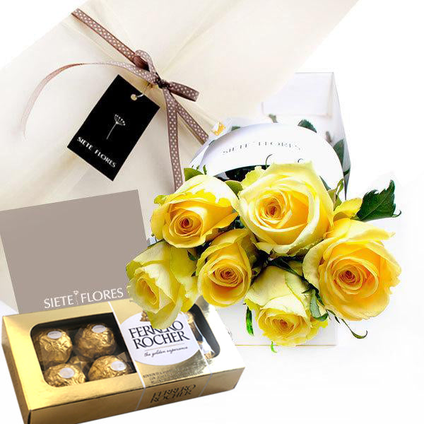 Caja de 6 Rosas Amarillas + Bombón Ferrero Rocher