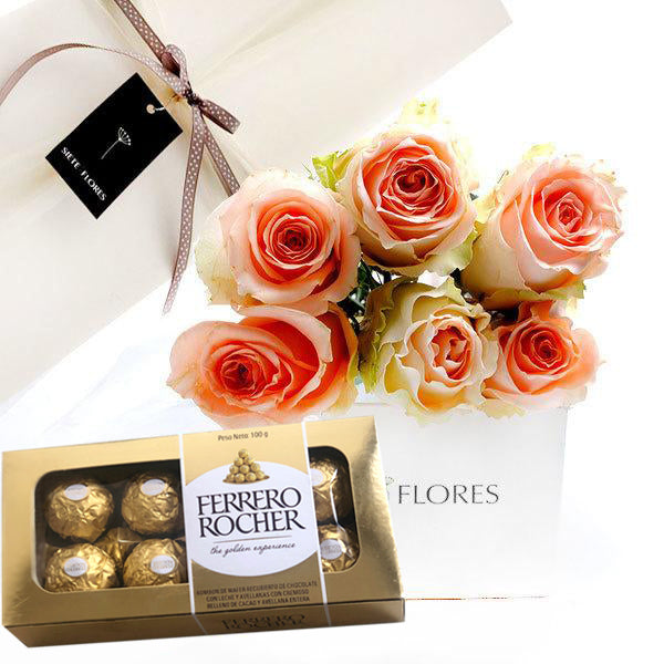 Caja de 6 Rosas Damasco + Bombón Ferrero Rocher