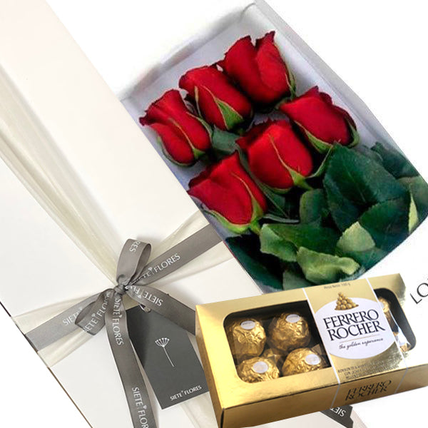 OFERTA : Caja de 6 Rosas Rojas + Bombón Ferrero Rocher
