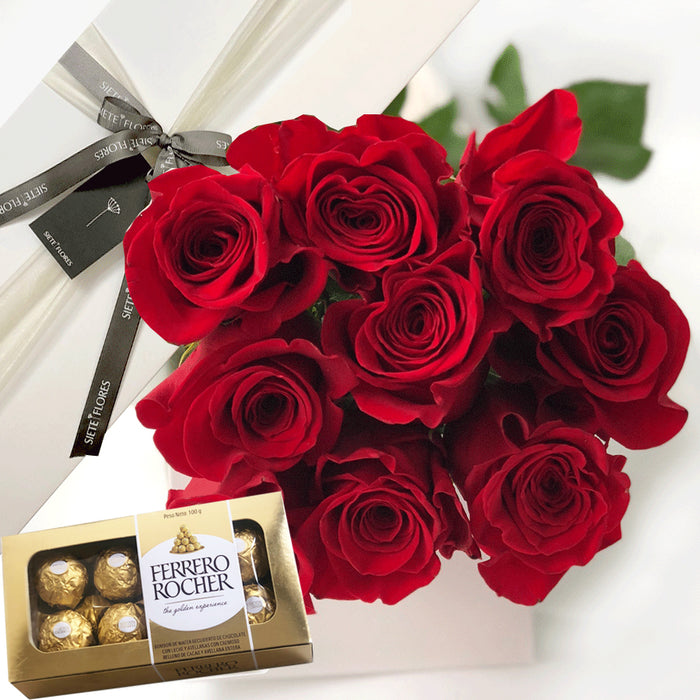 Caja de 9 Rosas Rojas mas Chocolate Ferrero